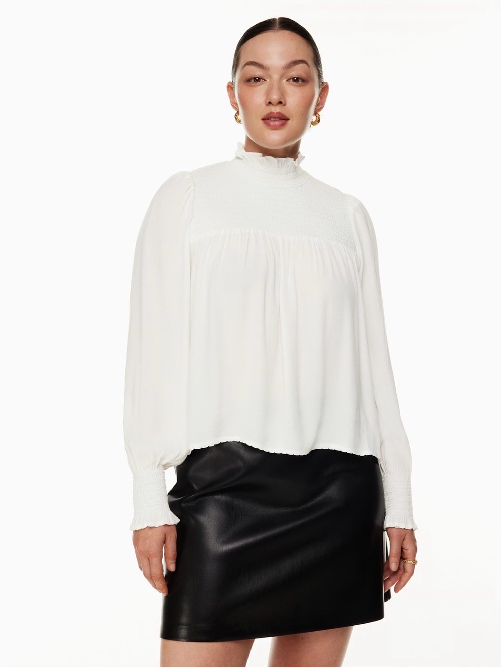 ARITZIA WILFRED NESSIE BLOUSE White Birch Smocked Yoke High-Neck Blouse Women XS